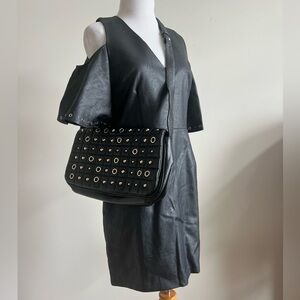 New- Lost & wander cold shoulder faux black leather mini grommet dress-Medium